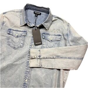 True Religion Women's Georgia Pearl Snap Western Denim Stretch Long Sleeve Large